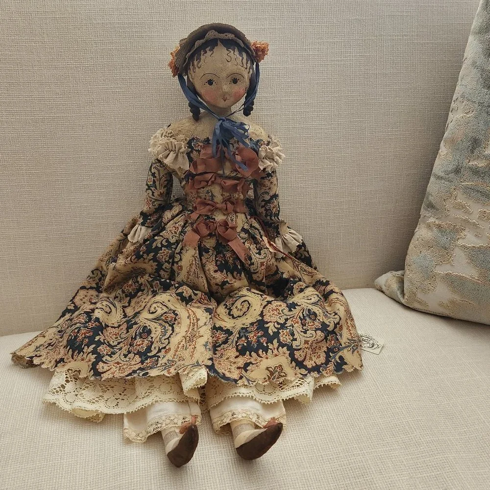 Nicol Sayre Handcrafted Folk Art Doll w/blue ribbon hat